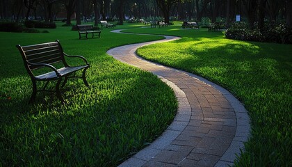 A serene park scene featuring a winding pathway bordered by lush grass, leading past a wooden bench in a tranquil, shaded environment.