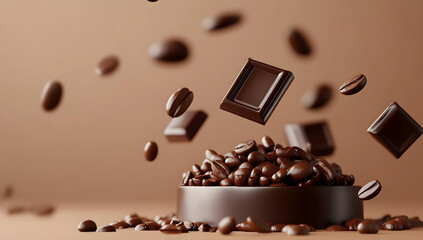 Delicious chocolate pieces and coffee beans artistically arranged, capturing an indulgent and rich culinary essence.