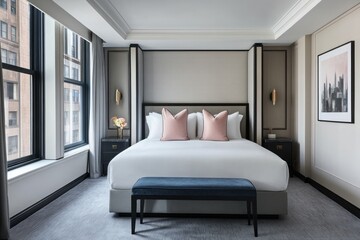 A well decorated modern bedroom with comfortable and luxurious furnishings