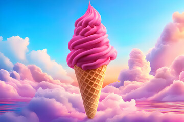 Delicious pink ice cream served in a waffle cone, set against a dreamy cloud-filled sky at sunset.