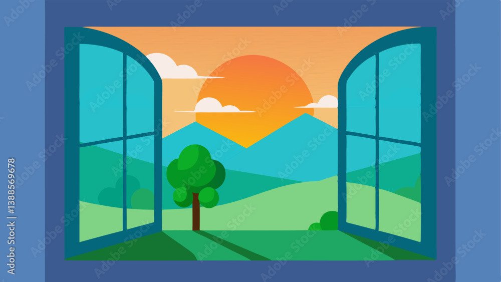 Poster outdoor landscape view a picturesque view from inside a home where the smart window dynamically chan