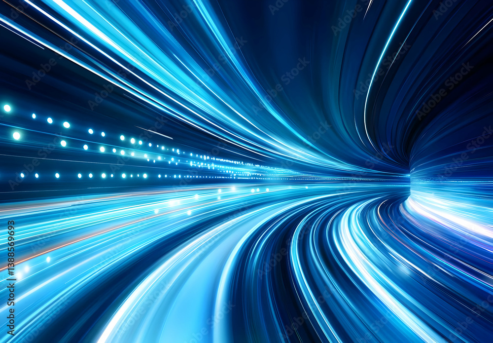 Poster dynamic abstract image illustrating speed and motion with blue light trails and energy flow, perfect