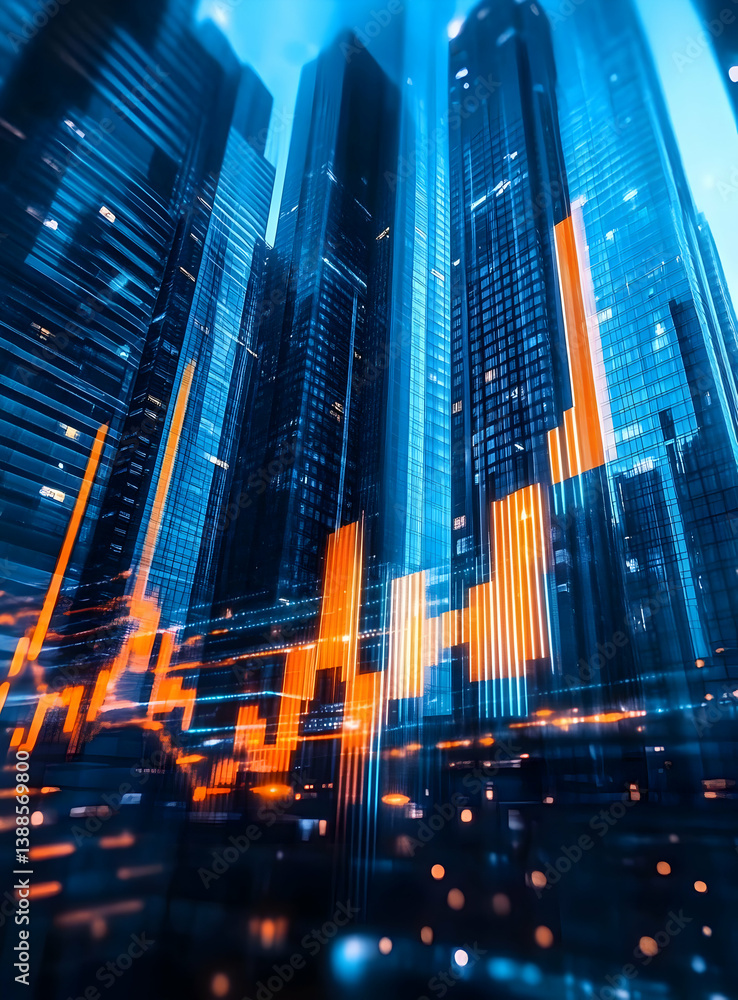 Poster dynamic city skyline with futuristic data visualization, showcasing the intersection of finance and 