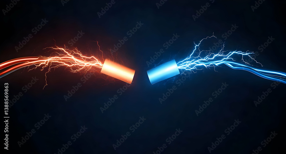 Poster dynamic electrifying visual with vibrant red and blue sparks representing energy and innovative tech