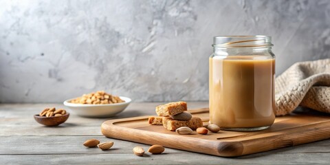 Delicious nutty beverage in a glass jar with crunchy snacks on a wooden board