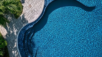 Aerial view of a serene blue swimming pool under natural sunlight, embodying tropical relaxation and leisure.

