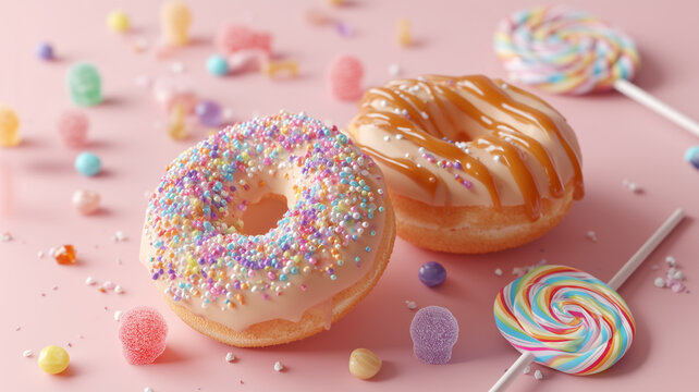 Colorful donuts with white icing and rainbow sprinkles and caramel drizzle on light pink background with rainbow lollipops and pastel candy scattered around