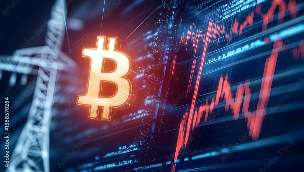 Poster dynamic representation of bitcoin cryptocurrency with digital graphs illustrating market trends and 