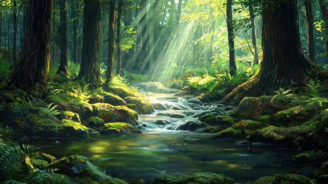 Sunlight streams through ancient forest, illuminating a tranquil creek. Lush greenery surrounds a babbling brook