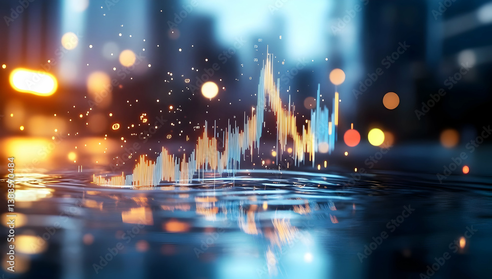 Poster dynamic visualization of data trends reflecting market analysis in an urban environment. a blend of 