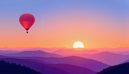 Fototapeta premium Hot air balloon floating at sunset over mountain landscape 