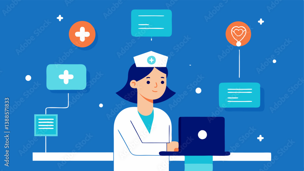 Poster preventative alerts a nurse or physician checking a digital monitor with alerts and floating ai elem