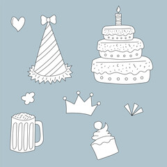 Hand-drawn Party Decorations: Black & White Birthday Clipart Set: Cartoon Birthday Doodles