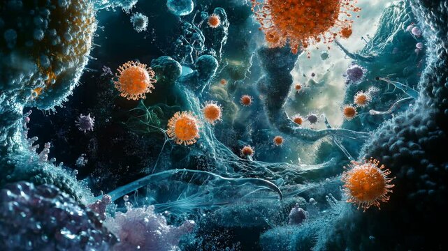 An Abstract Microscopic View Showcasing Detailed Structures of Viruses Within a Cellular Environment
