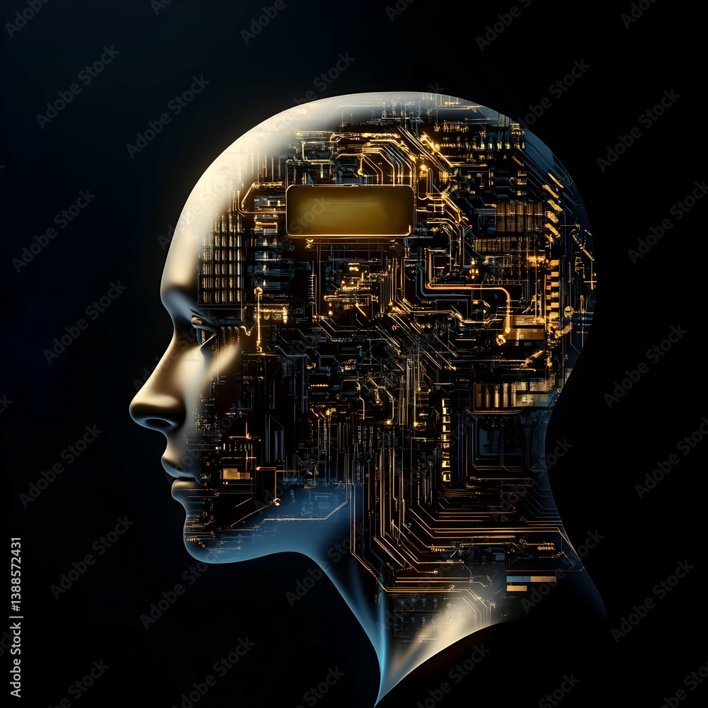 Poster futuristic ai mind concept featuring a head with intricate circuitry design, symbolizing the integra
