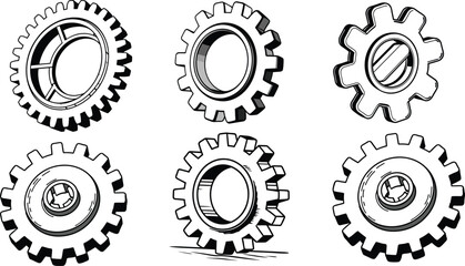 Hand-Drawn Setting Icons in Sketch Style Black and White Vector Cogs for Engineering, Tech, and UI Design