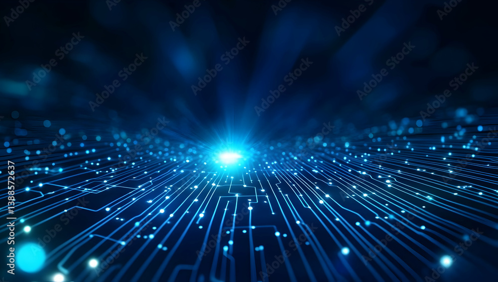 Poster futuristic digital landscape with glowing lines and particles, representing advanced technology and 