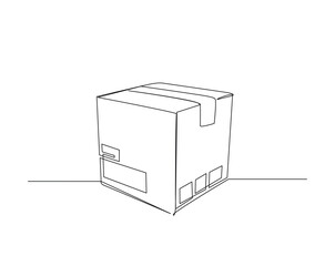 Cardboard box outline drawing illustration. one continuous line drawing of carton box .