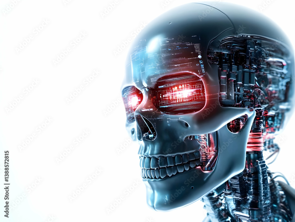 Poster futuristic robot skull design featuring glowing eyes and intricate circuitry showcasing advanced tec