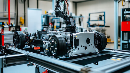 Fototapeta premium A mechanical arm in an electric vehicle manufacturing plant, surrounded by EV components and assembly lines, Automotive style