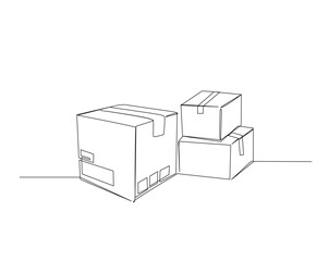 Cardboard boxes outline drawing illustration. one continuous line drawing of stack carton box.