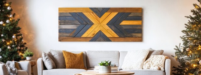 Rustic Living Room Decor with Wooden Wall Art and Holiday Trees