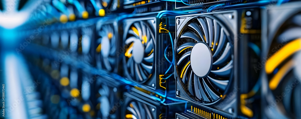 Poster high-tech cooling fans arranged in a modern data center, showcasing advanced technology and efficien