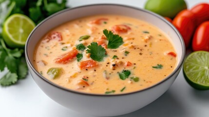 A creamy tomato soup fills a light gray bowl. Fresh cilantro garnishes the soup, which is surrounded by limes and tomatoes. The photo is high-quality, well-lit, and features a shallow depth of field