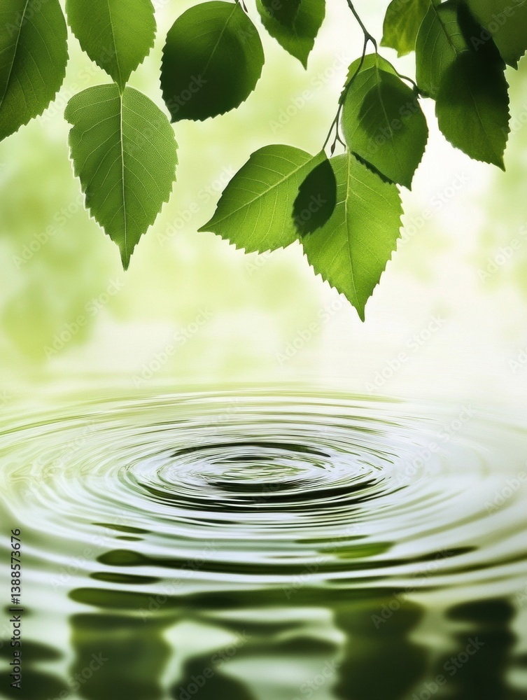 Poster Soft ripples and subtle reflections create a tranquil atmosphere in a minimalist water setting surrounded by vibrant green leaves