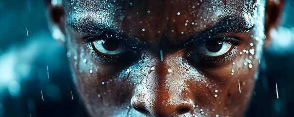 Intense close-up of an athlete focused and determined, showcasing a powerful expression amidst raindrops for a dramatic effect.