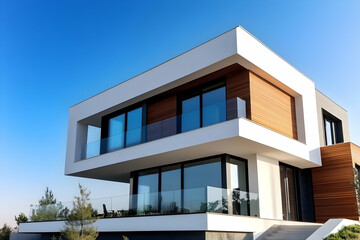 Modern architectural design showcasing a sleek house with large glass windows, blending style and function under a clear blue sky.