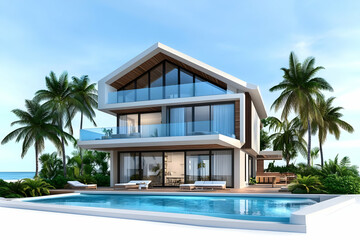 Fototapeta premium Modern beachfront villa featuring a sleek design, panoramic views, and a tranquil pool surrounded by lush palm trees.