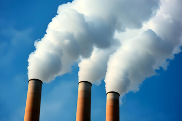 Pollution from industrial smokestacks emitting clouds of smoke against a clear blue sky, symbolizing environmental issues.