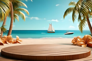 Obraz premium Scenic beach view featuring palm trees, clear waters, and a wooden platform, perfect for relaxation or vacation planning.