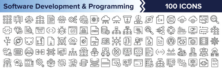 100 Line Icons for Software Development and Coding, A detailed collection of 100 icons focused on software development, programming languages, APIs, bugs, version control, and deployment.