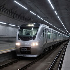 Fototapeta premium Um trem inteligente e elegante emerge de um túnel, iluminado por luzes artificiais refletidas em sua superfície metálica. O sistema de controle avançado melhora a eficiência e a mobilidade 