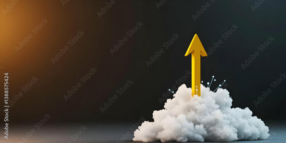 Poster symbolic representation of growth and aspiration with an upward yellow arrow emerging from clouds, s