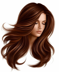 Naklejka premium This elegant portrait features a woman with stunning, flowing brown hair, embodying beauty and grace in every strand.