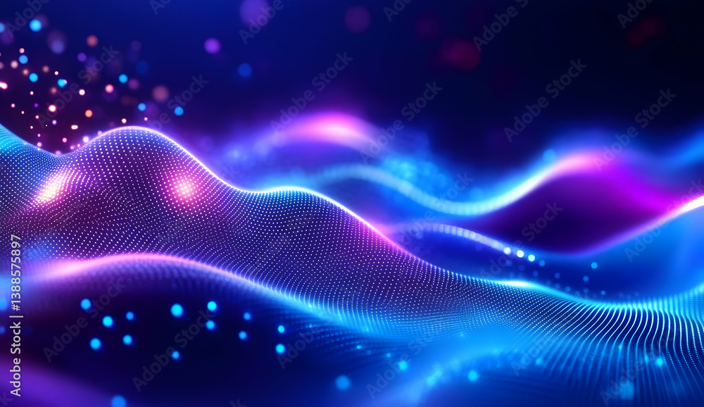 Poster vibrant abstract digital waves showcasing a blend of purple and blue tones, creating a dynamic visua