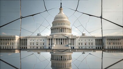Fototapeta premium Cracked Reflection of a Government Building in a Broken Mirror