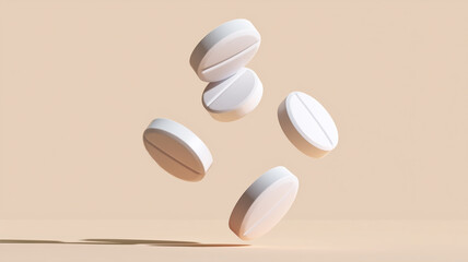 Five white round tablets arranged in floating pattern against soft beige background with subtle shadows under studio lighting