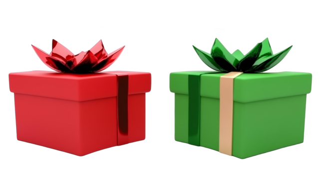 Isolated Gifts Red and Green Boxes with Ribbon Bows in Transparent Background