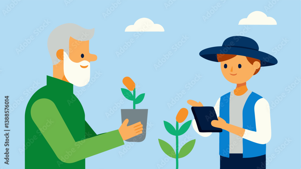 Aufkleber future of farming an elderly farmer handing seeds to a young farmer who has a smartphone in hand rep