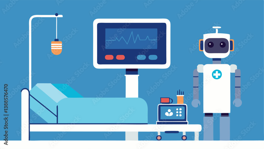 Poster patient monitoring robot a robot positioned next to a patients bed displaying vital signs on a scree