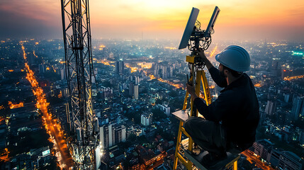 A 5G infrastructure expert installing antennas, urban cityscape with 5G towers and equipment in the background, High-tech style