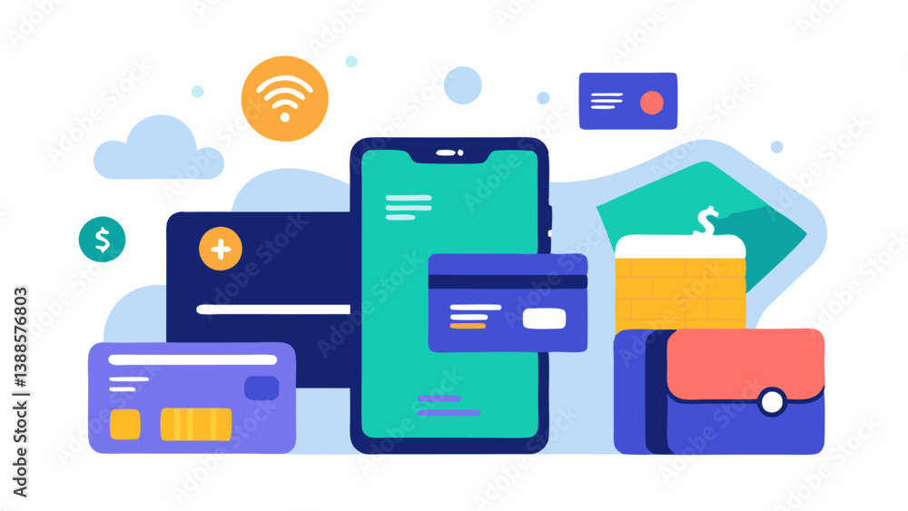 Poster digital wallet an illustration of a smartphone with a digital wallet app open showing various paymen