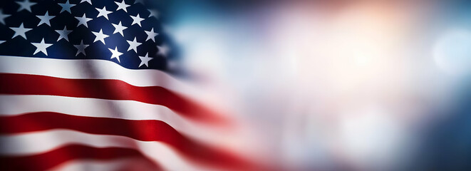 Waving American flag with a soft blur, symbolizing patriotism, unity, and the essence of American...