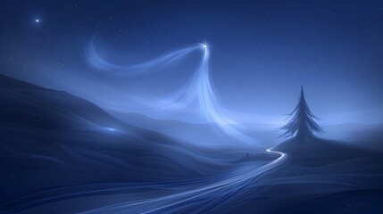 Serene nighttime landscape depicting a starry sky and a radiant light display