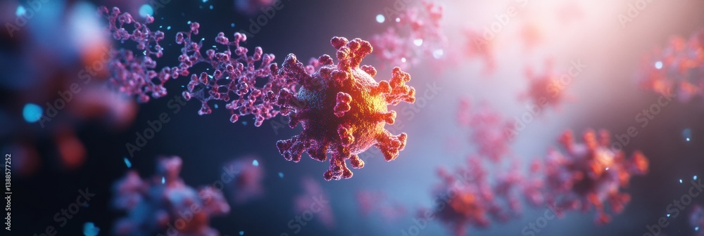 Fototapete Stunning 3D rendering of AAV virus particle showcasing intricate protein structure and bioluminescent glow in microscopic fluid