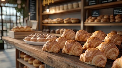 Warm Rustic Bakery Interior Displaying Freshly Baked Pastries and Desserts on Wooden Shelves